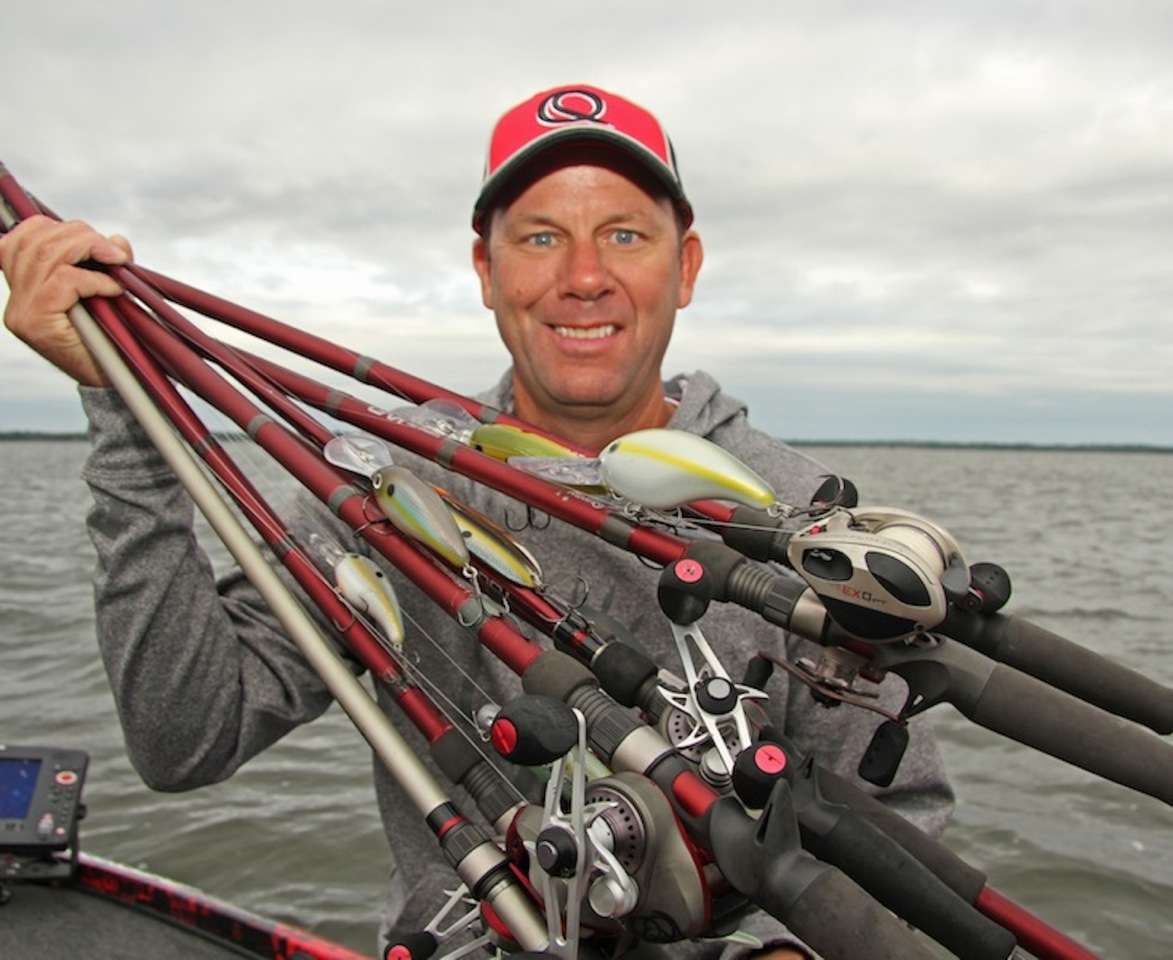 Kevin VanDam shows off an armload of the most popular lures â all of them focused on catching bass in 15â40 feet of water. Strike Kingâs 10XD, giant flutter spoons, swimbaits and football jigs were most popular. 