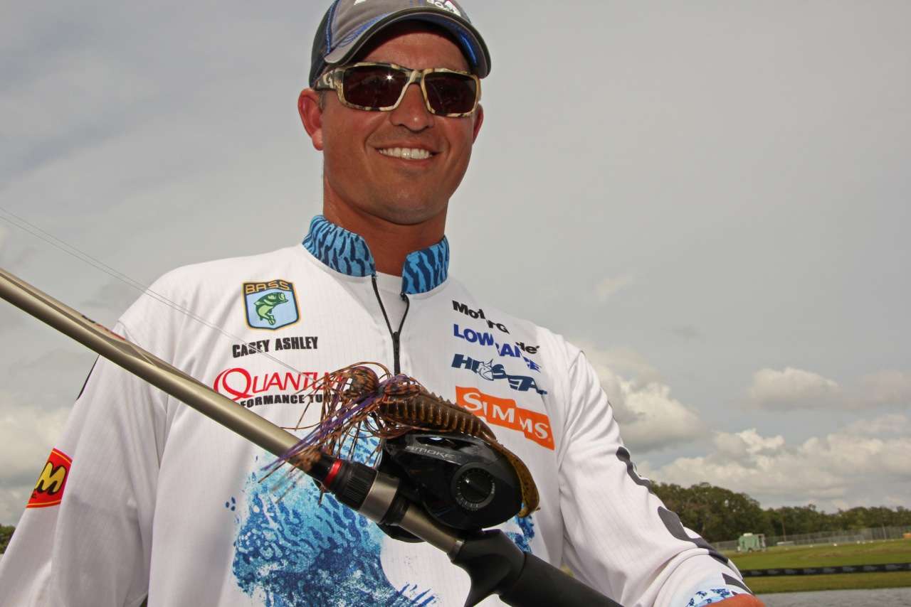 Casey Ashley notched a Top 10 using a 3/4 ounce peanut butter & jelly-colored football jig, with a green pumpkin Zoom Z-Hawg trailer. He used a Quantum Speed Freak reel to pick up slack quickly as most of his bites occurred in 20â22 feet of water. 