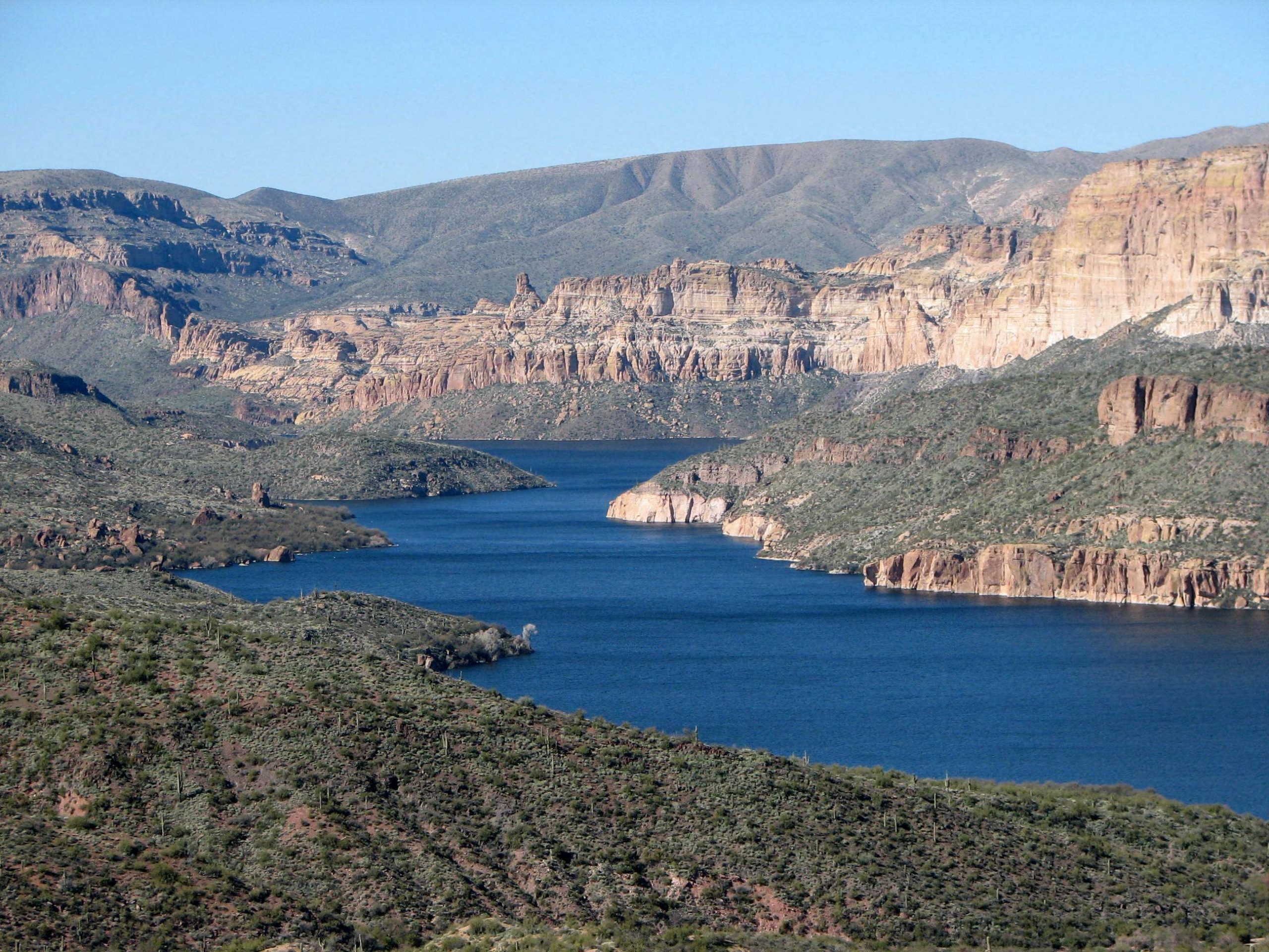 Apache Lake is located near the town of Tortilla Flat in Gila County, Ariz. About 65 miles from Phoenix, Apache Lake is formed by the Horse Mesa Dam impounded Salt River.