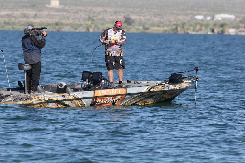 Murray appears to be hooked up for a second, then lets his rod go limp as he comes through one of the various pieces of cover he's throwing his crankbait around. 
