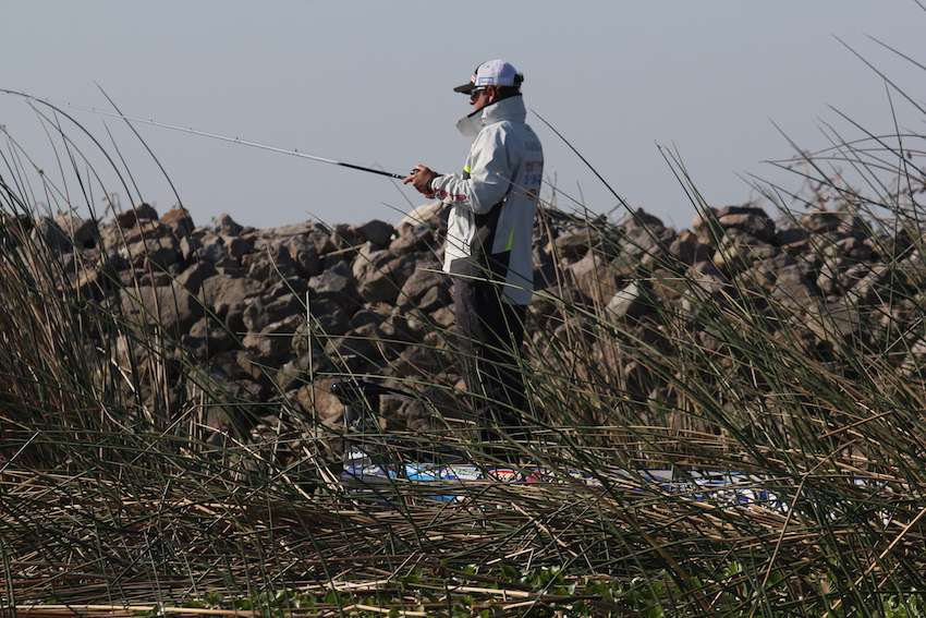 Dean targets any holes he can find near the bank where fish might be spawning. 