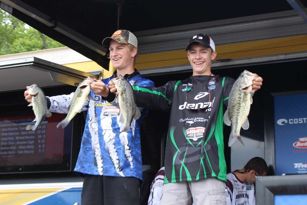 Ethan Shaw and Brayden Zagel of Indiana caught 9-12 using several topwater baits, including a buzzbait and a Pop-R.