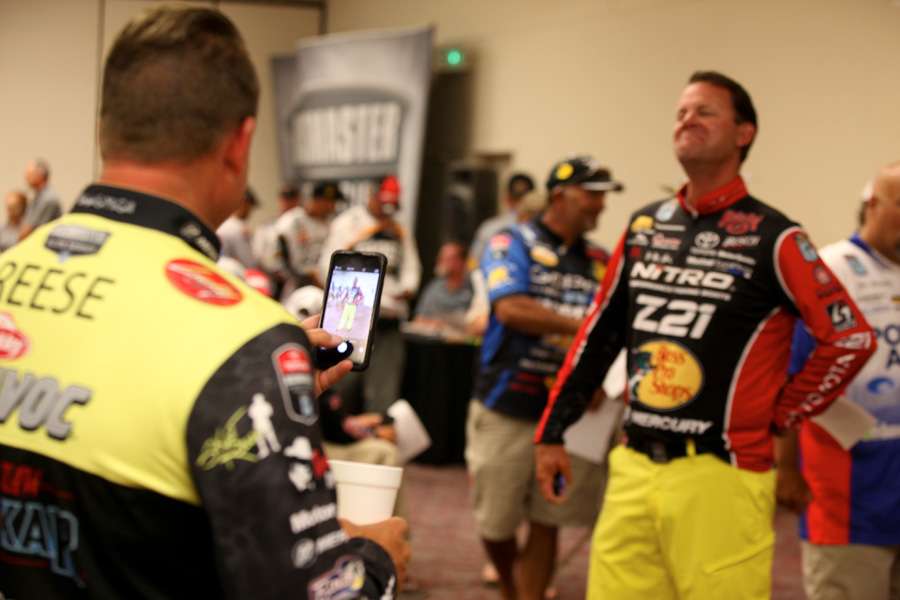 Skeet Reese, known for wearing yellow, had to have a picture of Kevin VanDam wearing a pair of new yellow Huk pants. 