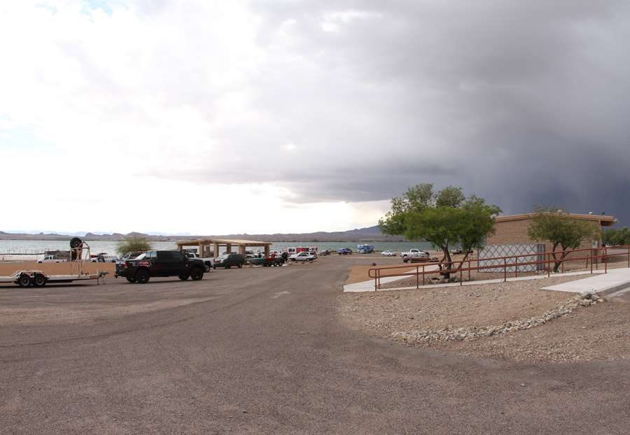 Sun shone over part of Lake Havasu as dark clouds and rain blanketed the rest.
