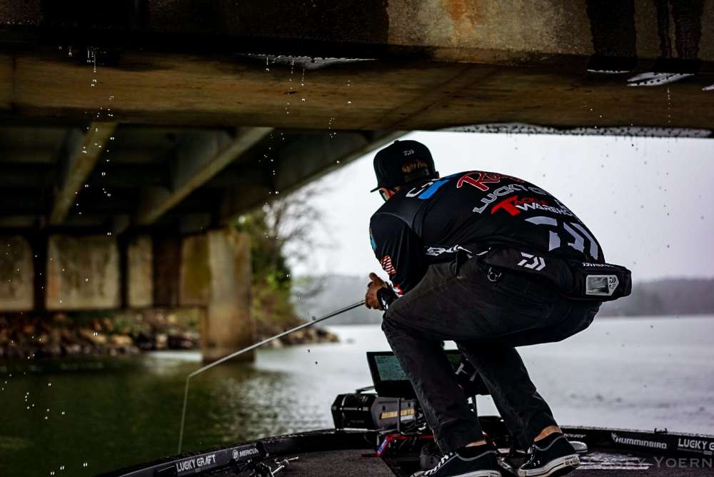 Brent Ehrler finding some dry real estate to fish in less than ideal weather conditions.