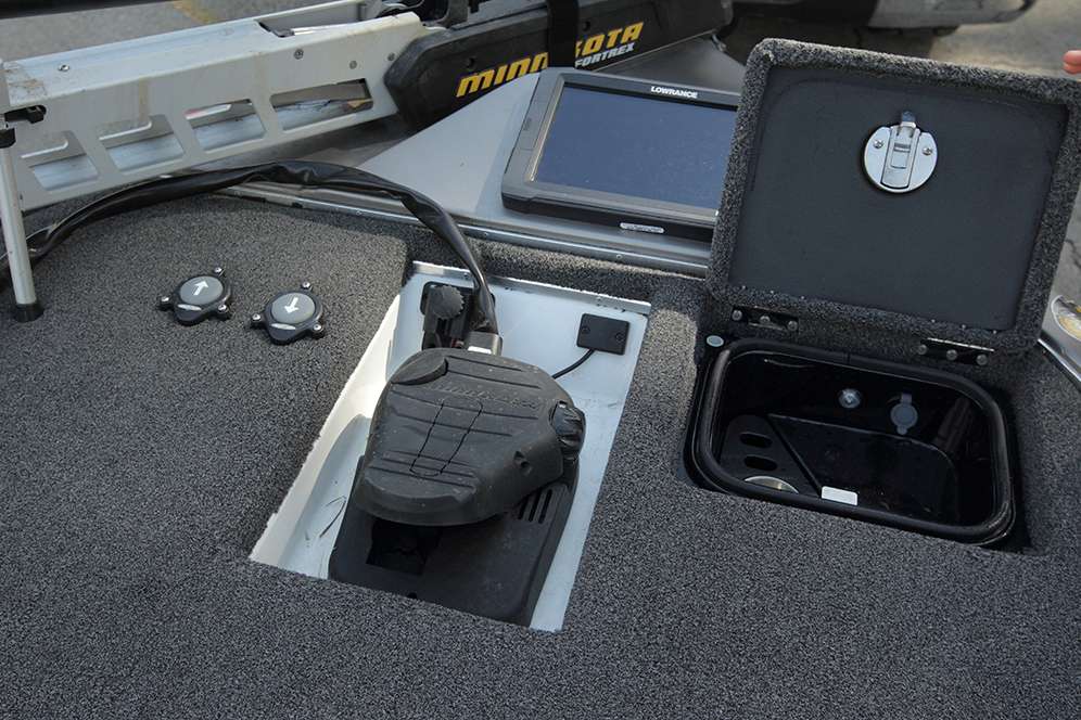 A look at the convenient positioning of the storage box next to Lee's trolling motor pedal.