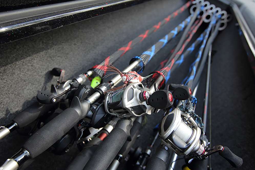 Lee usually keeps about 15 rod-and-reel combos in his left-side rod locker.