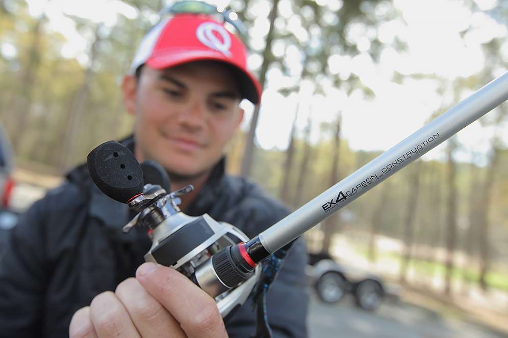A closer look at one of his Quantum rod-and-reel combos.