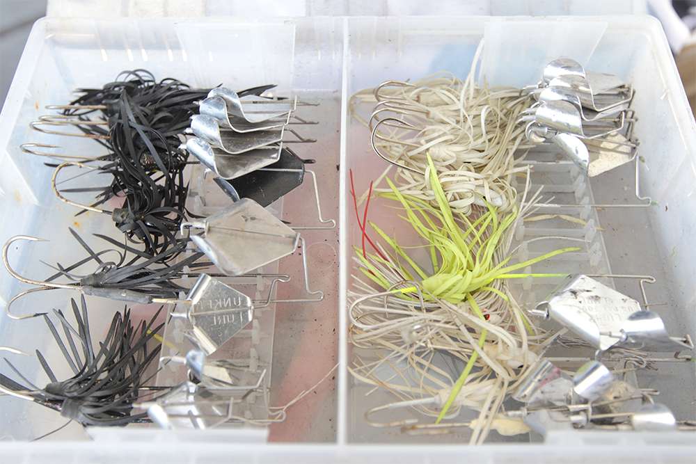 This is one of the boxes that is always in the boat, his buzzbait box. Note the old-school style rubber skirts as opposed to the silicone ones that are so popular today.