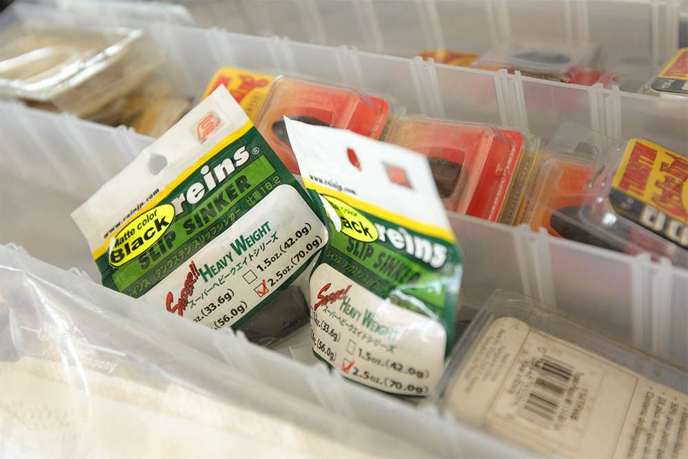 Ashley keeps all of his tungsten sinkers inside of a dedicated Plano box.