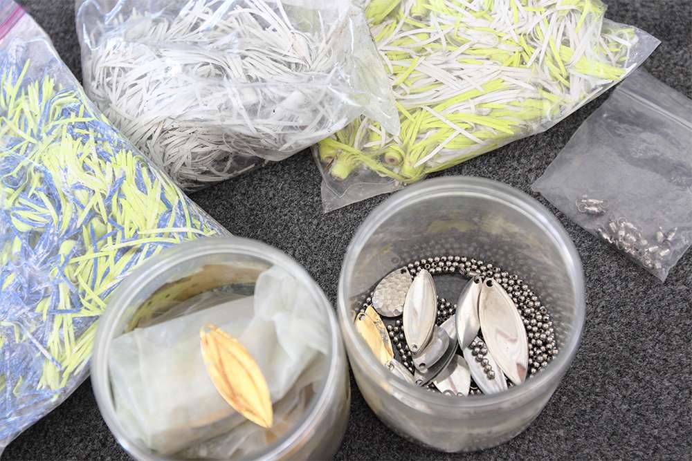 Here are the components for making spinnerbaits. Note again the old-school skirts.