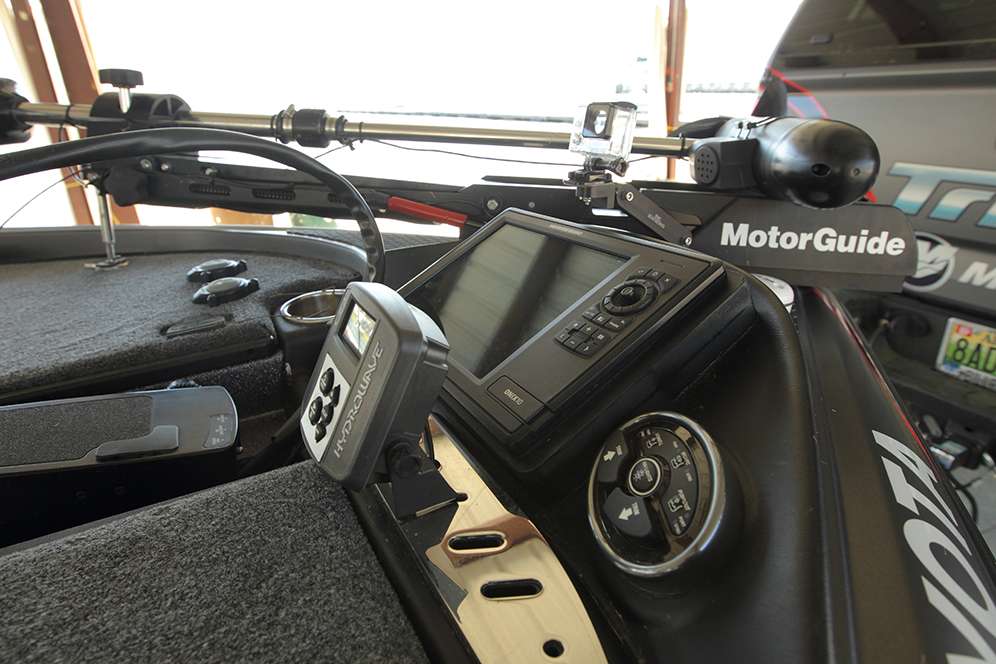 The bow of Swindle's Triton is equipped with a HydroWave Electronic Feeding Stimulator and a Humminbird Onix 10.