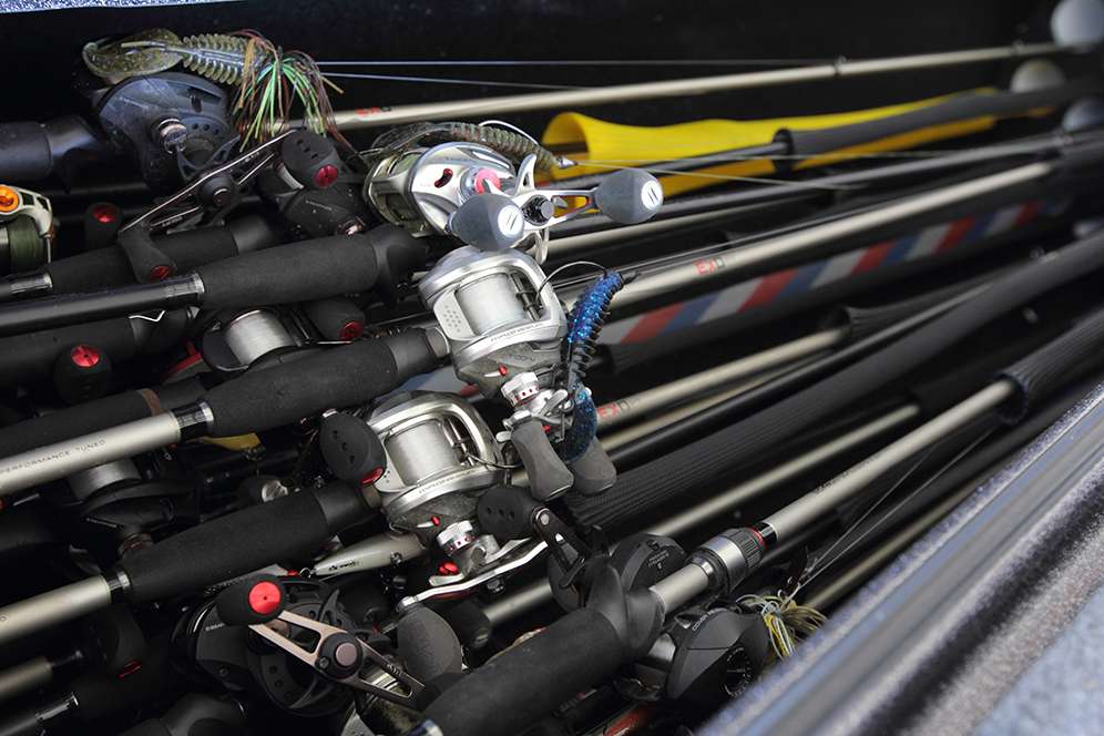 In the left rod locker, Swindle said he usually keeps about 20 Quantum rod-and-reels. He said his assortment will usually include 16 or 17 baitcasters and three or four spinning rigs.