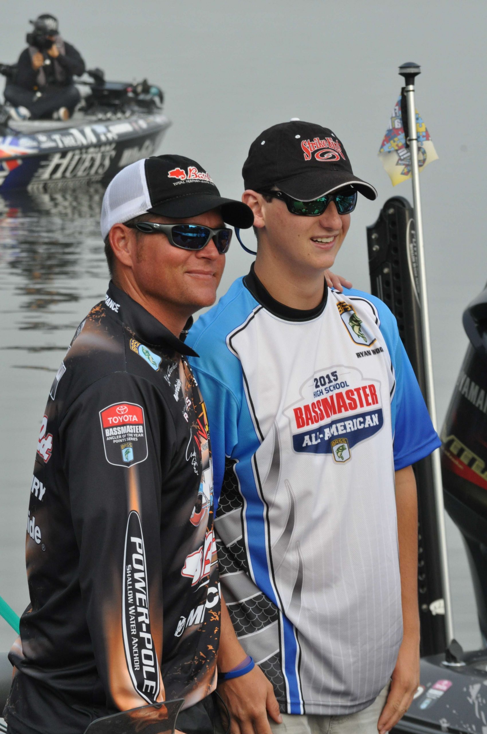The 12 anglers on the first-ever Bassmaster High School All-American team were paired with 12 Elite Series pros for a day on Tennessee's Lake Barkley. Elite Series pro Kevin Ledoux poses with his All-American partner, Ryan Wood, prior to launch.