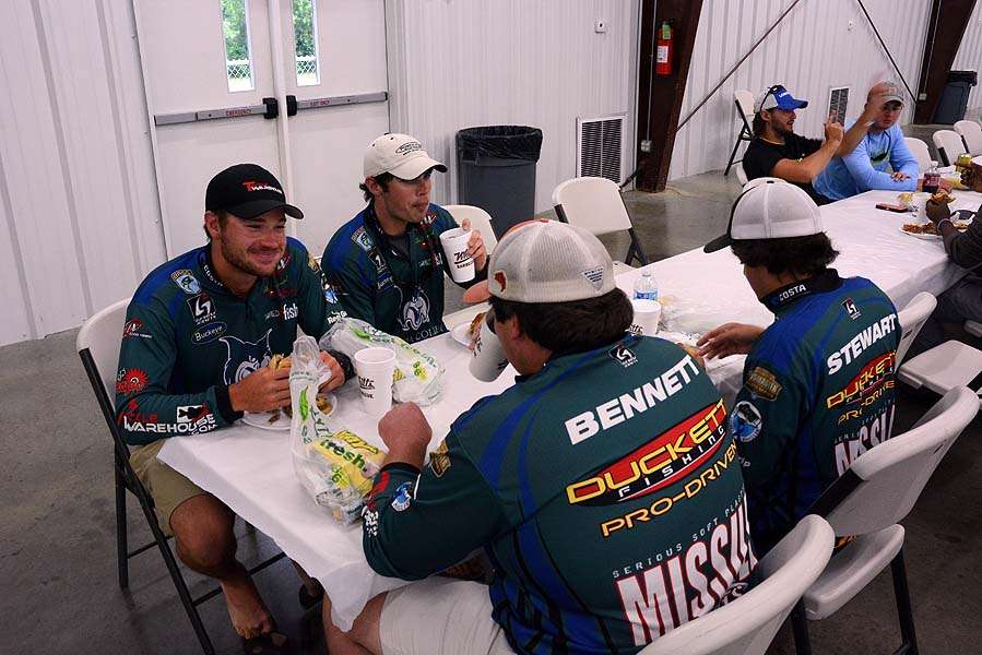 Georgia College members share dinner while talking about catching limits from Lake Barkley, situated on the border of Tennessee and Kentucky.