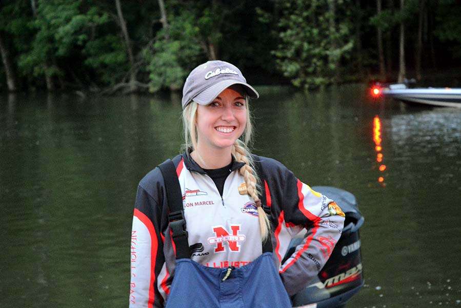 Allyson Marcel of Nichols State is ready to catch another mixed bag today on Lake Barkley. Her first smallmouth bass was caught yesterday. 