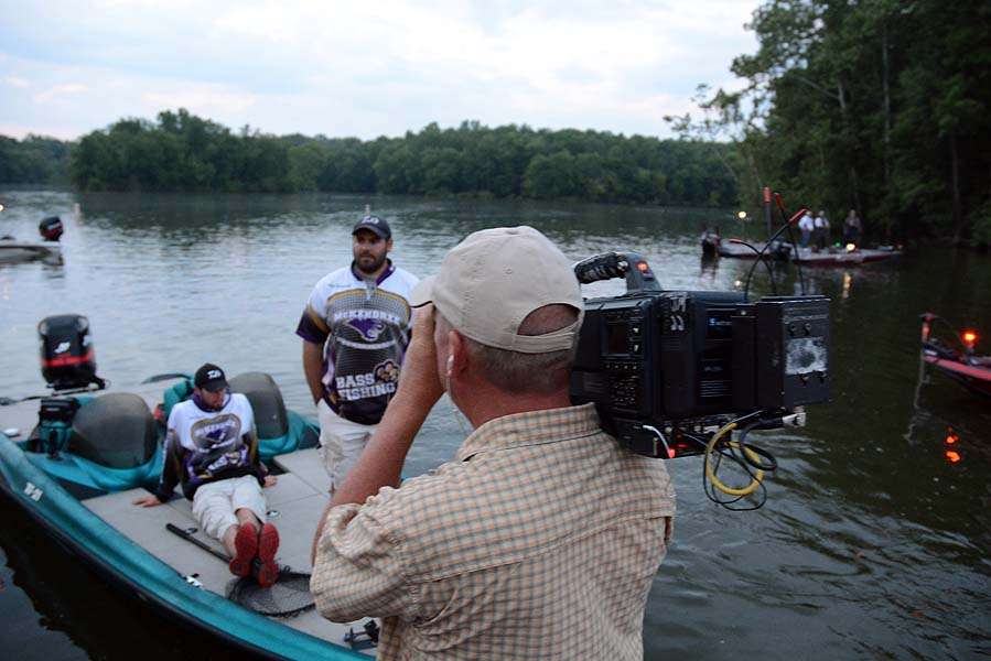 John Reed of The Bassmasters focuses his lens on the runner-up team of Phillip Germagliotti and Shane Campbell. A camera crew will be with them all day. 