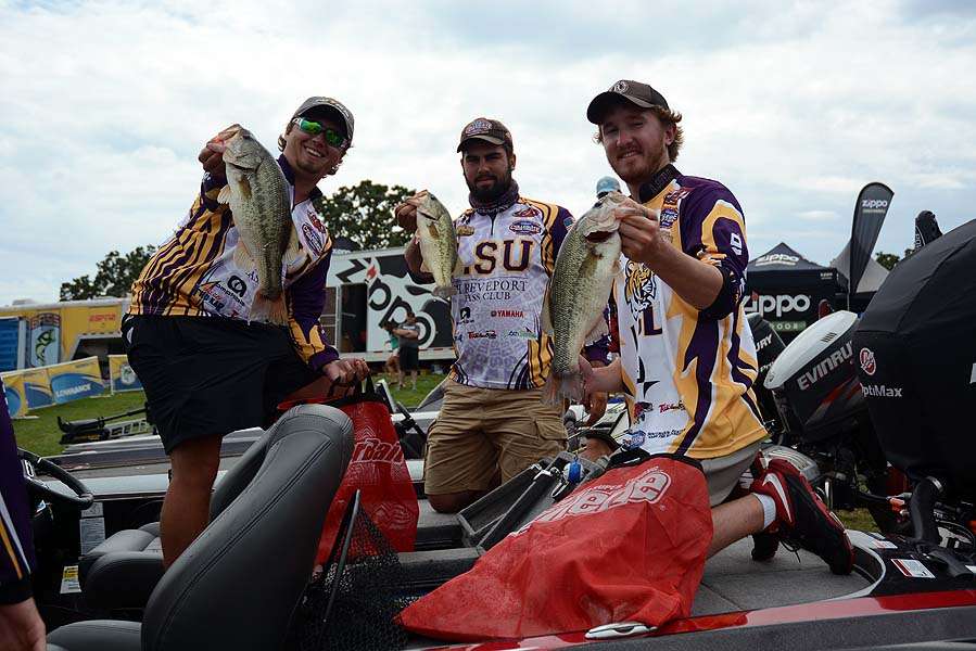 The LSU anglers hold their best catches prior to taking the weigh-in stage. 