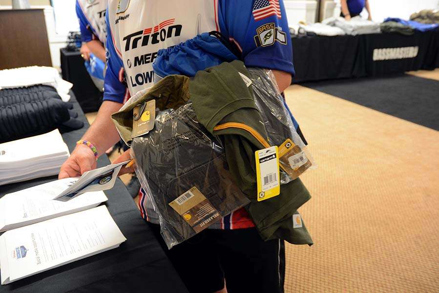 Each contestant leaves the registration room with apparel and gifts from the sponsors of the B.A.S.S. Nation. 