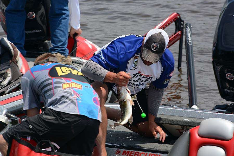 Eventual Day 1 leader Billy Lemon bags his catch for the weigh-in. 