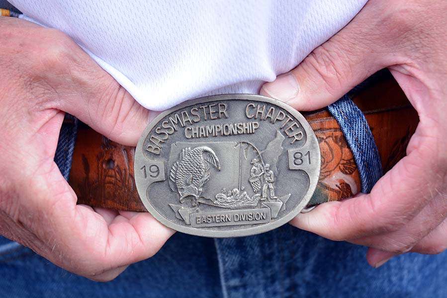 Jim Fields proudly wears a belt buckle representing his first year as president of the Delaware B.A.S.S. Nation. 
