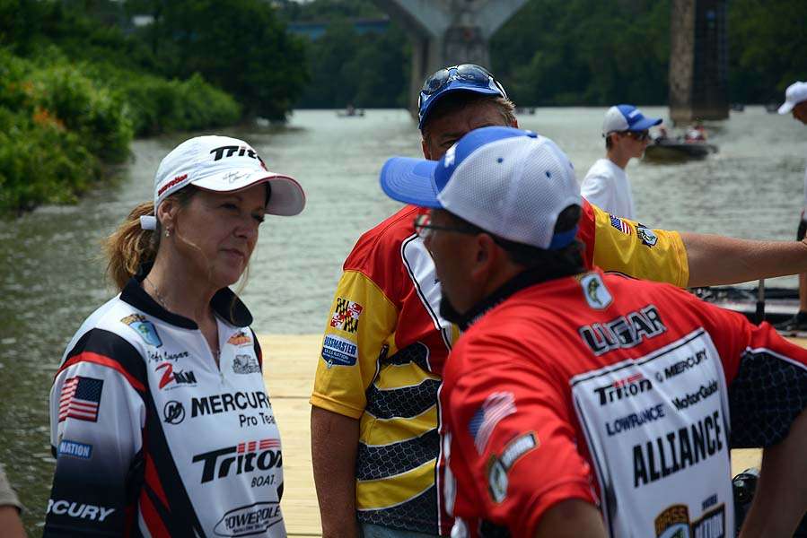 Linda Lugar talks to husband Jeff prior to the weigh-in. He is a two-time Nation qualifier for the GEICO Bassmaster Classic presented by GoPro. 