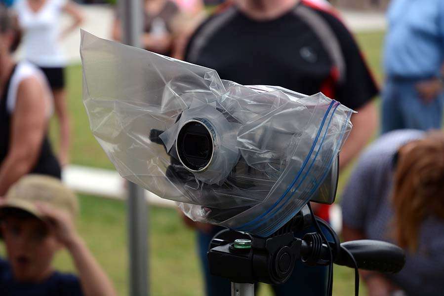 The Bassmasters.com camera is dressed in a Ziploc rain cover just in case. 
