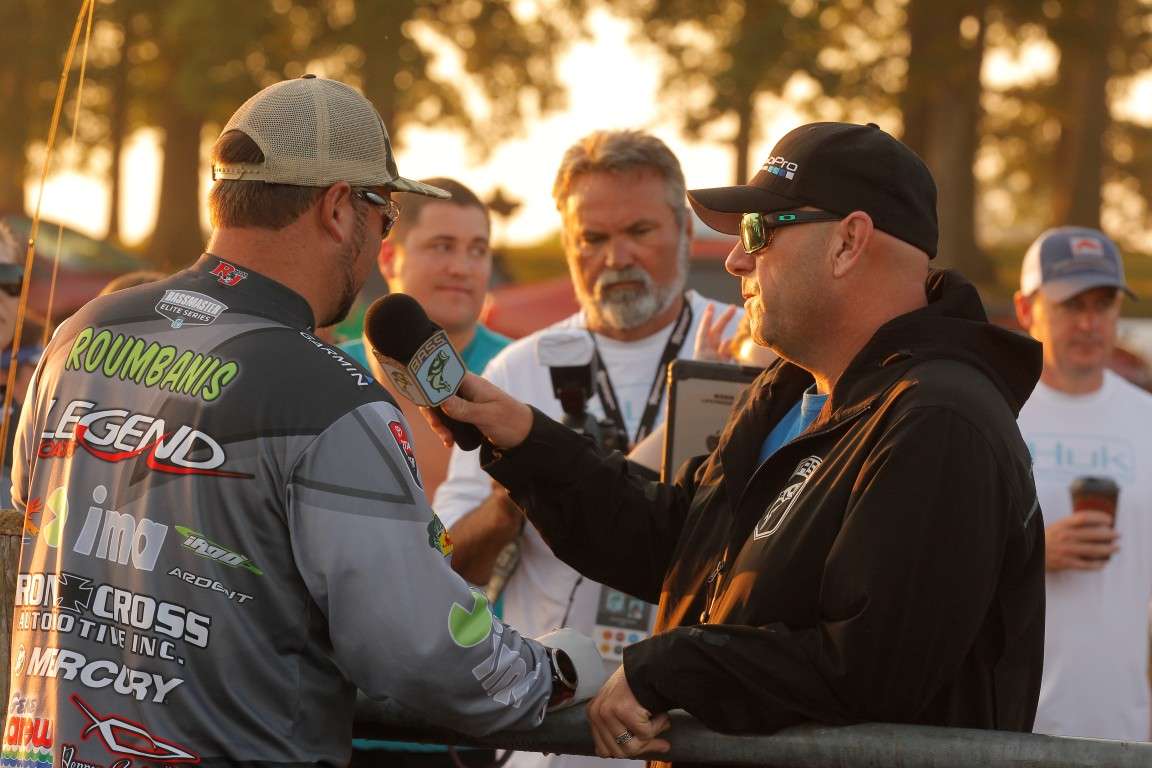 Bassmaster emcee Dave Mercer hits the pier with a microphone and does on-site interviews with the anglers.