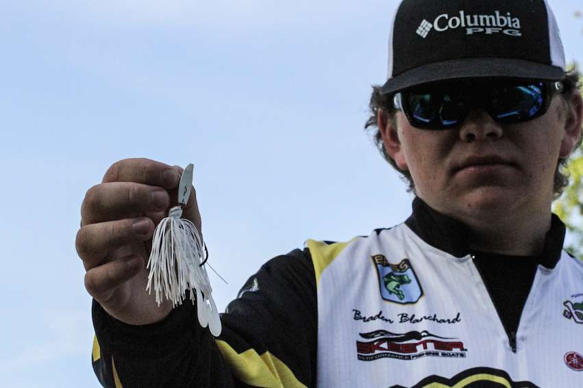 Blanchard and Fortenberry used a 3/8-ounce Delta Lures thunder jig. The white bladed jig helped them cover water around the vegetation.
