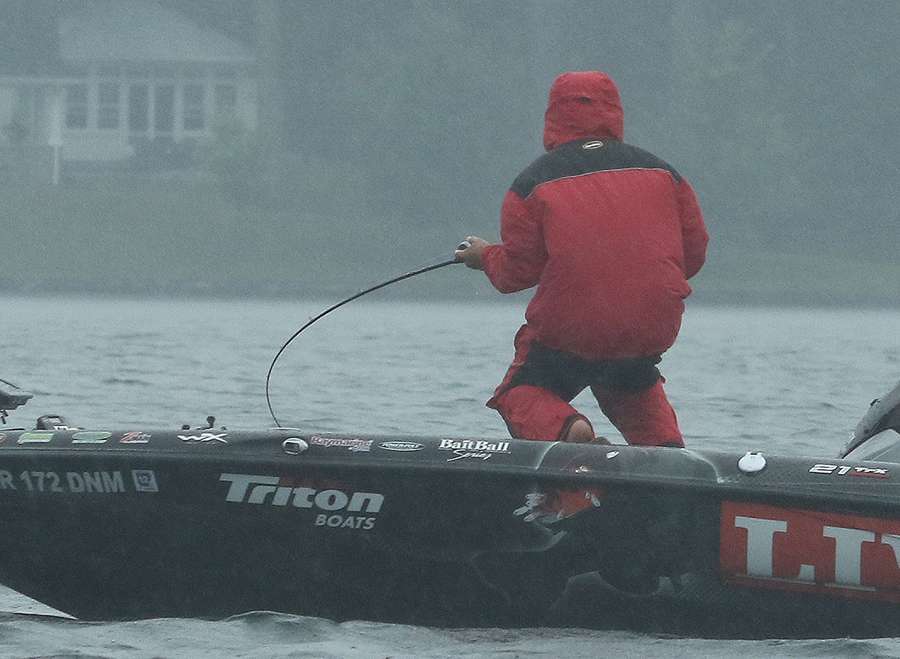 The Day 1 early morning storm poured for than an hour forcing anglers to cover up in rain suits.