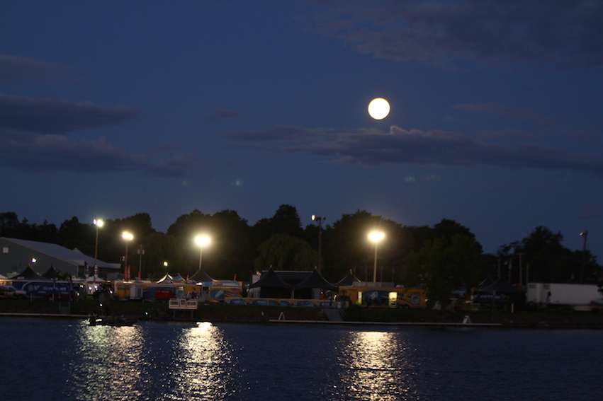 The moon hangs over Whitaker Park as Day 2 gets started early on Friday morning.