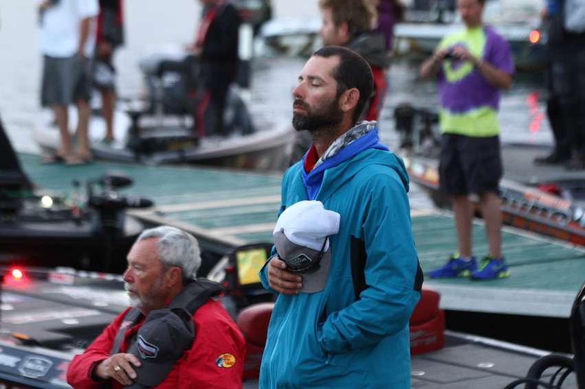 Mike Iaconelli takes a moment during the Anthem.