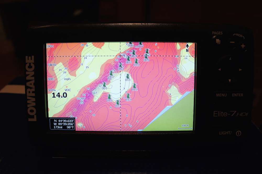 Provided by Lowrance to all National Championship competitors who requested it, the Premium Insight Genesis map of Lake DuBay features both a bottom-hardness layer (pictured) and a submerged vegetation-location layer. The bottom-hardness layer shows anglers the location, size and shape of fish-holding hard-bottom to soft-bottom transition areas â dark red areas are the hardest bottom; the orange area indicates the next hardest bottom; tan is the next hardest bottom; and pale yellow shows the softest-bottom areas.