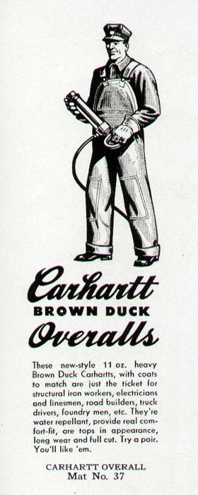 Carhartt fashioned his garments out of duck, a tightly woven cotton fabric used to make tents and ship sails.