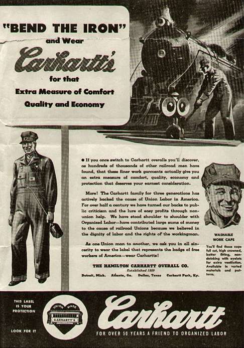 The durable, triple-stitched Carhartt clothing became standard wear in the hard work trades.