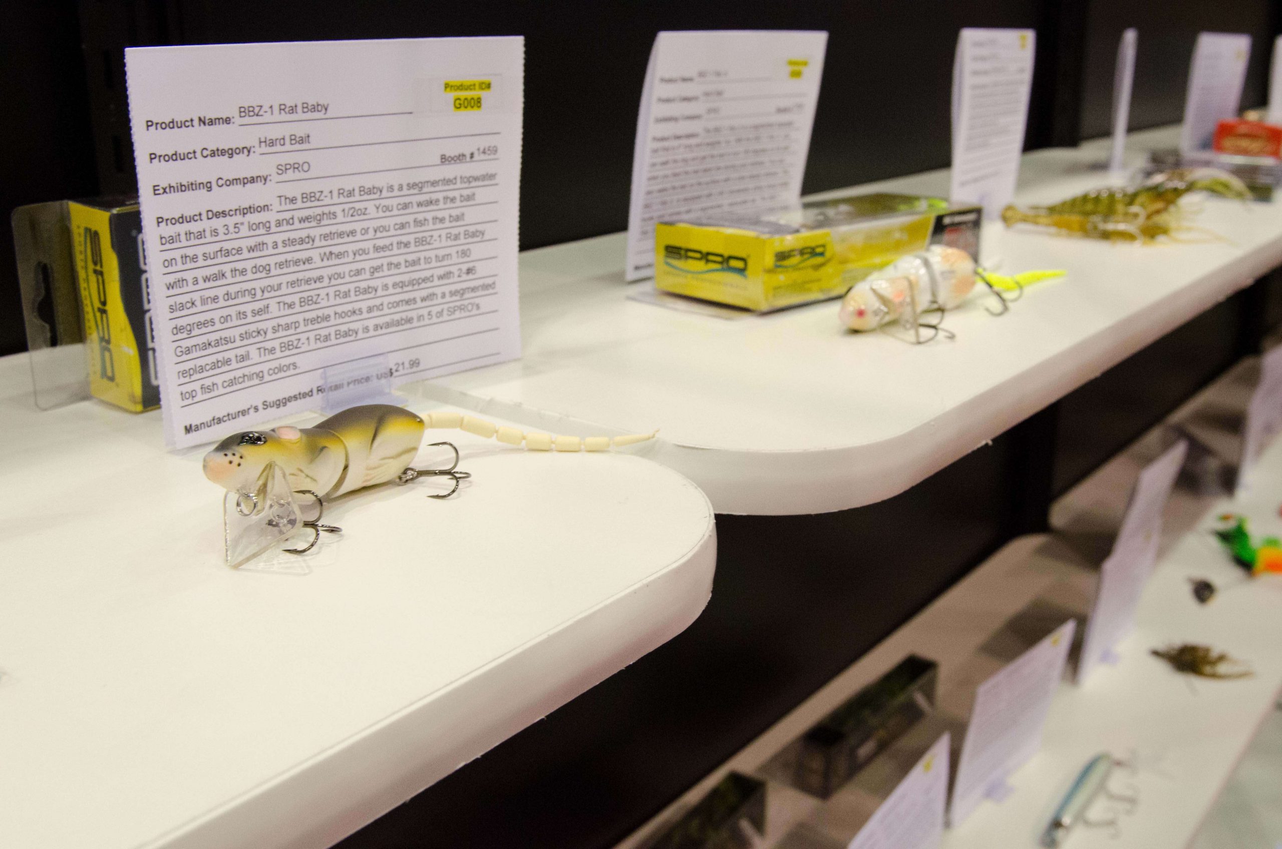 Hard lures of all shapes and sizes lined a wall in the New Product Showcase.
