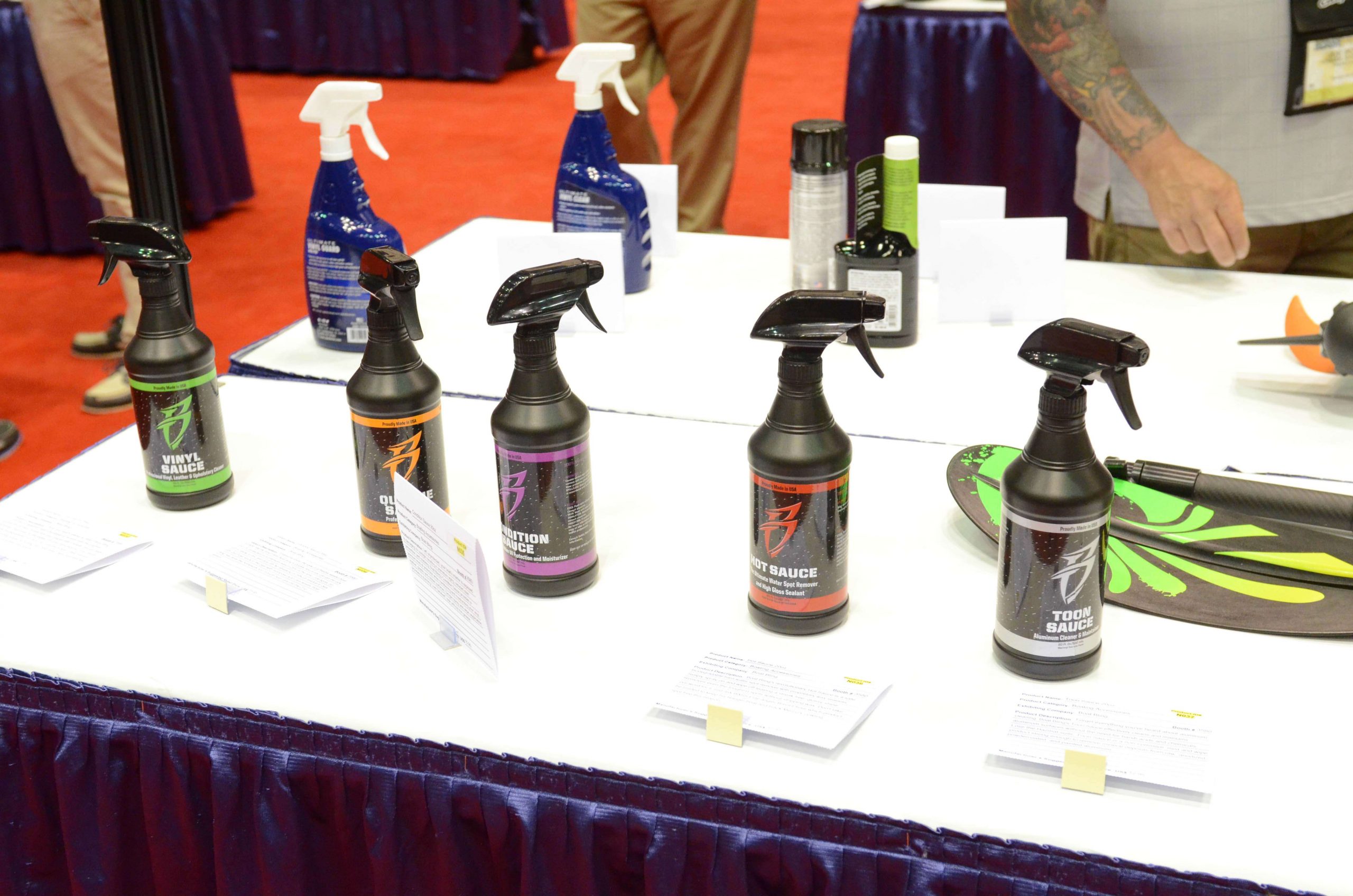 Part of the boating accessories display included cleaning chemicals for boats created by Boat Bling.