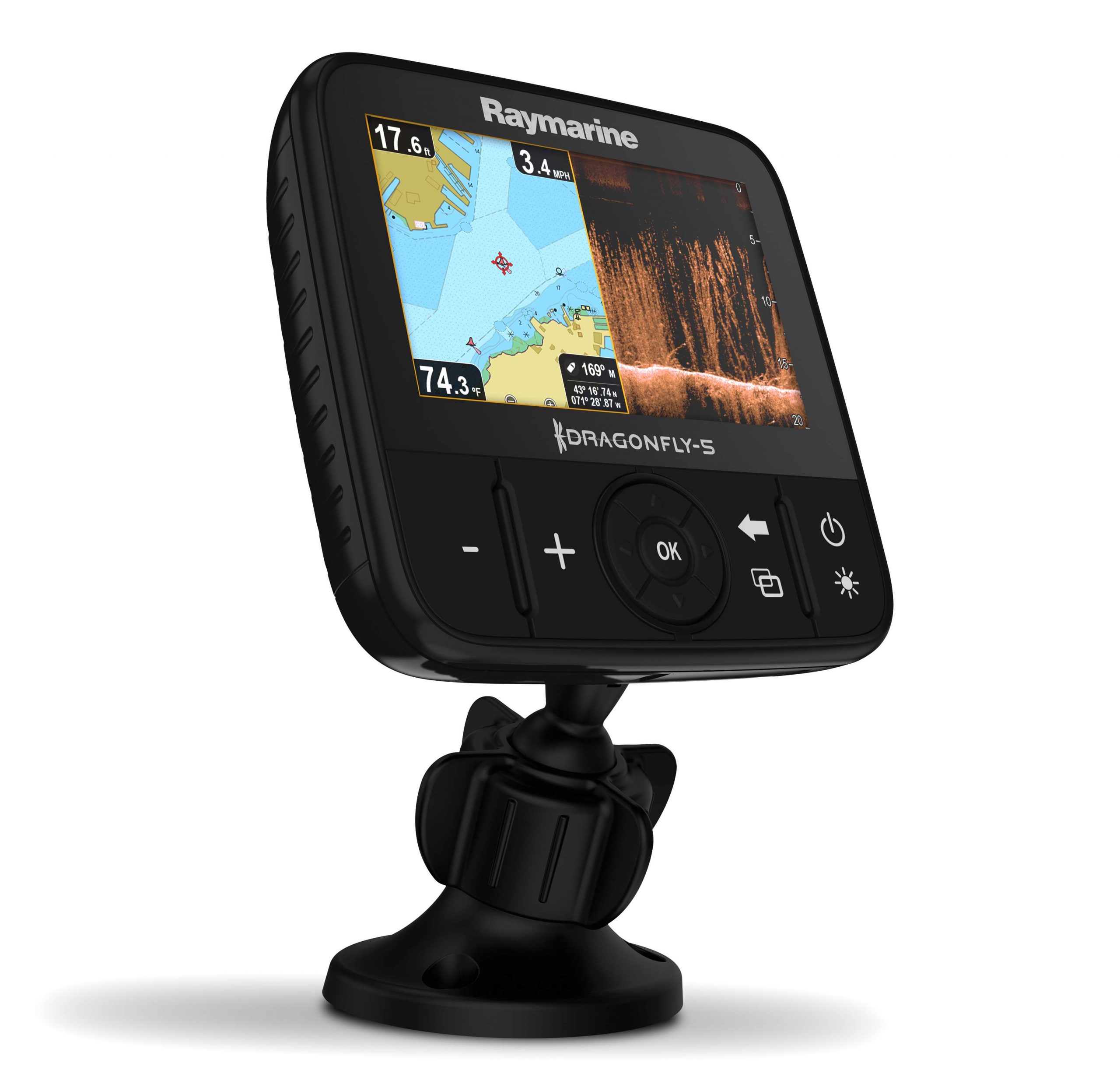 <b>Raymarine</b><br>	Dragonfly line<br>			The new Dragonfly line of fishfinders is being updated in a big way. Seven new products, including the very affordable 4DV (starts at $199!). All use CHIRP DownVision sonar technology, which pulses a wide spectrum of frequencies to provide detailed images of your next catch. Pictured above is the 5 PRO ($549) which adds another sonar channel, GPS and Wifi for streaming to mobile devices.