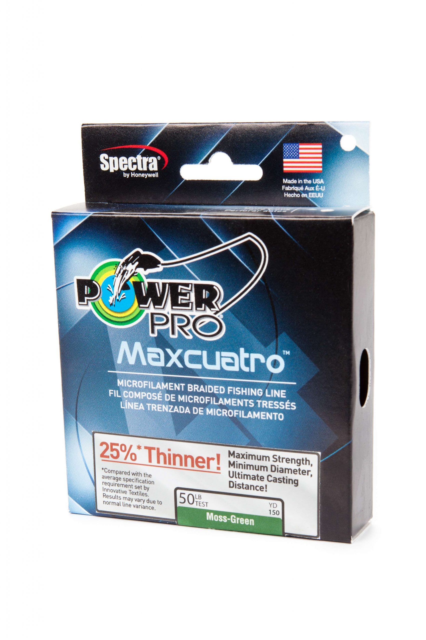<b>PowerPro</b><br>	Maxcuatro<br>				Braided with new Spectra HT fiber from Honeywell that is up to 25 percent thinner than equivalent test pound braid, PowerPro introduces its new Maxcuatro fishing line, available in 50-, 65-, 80- and 100-pound test. Spectra HT fiber â exclusive to PowerPro for use in braided fishing line â allows for 4-End construction contributing to longer casting distance.