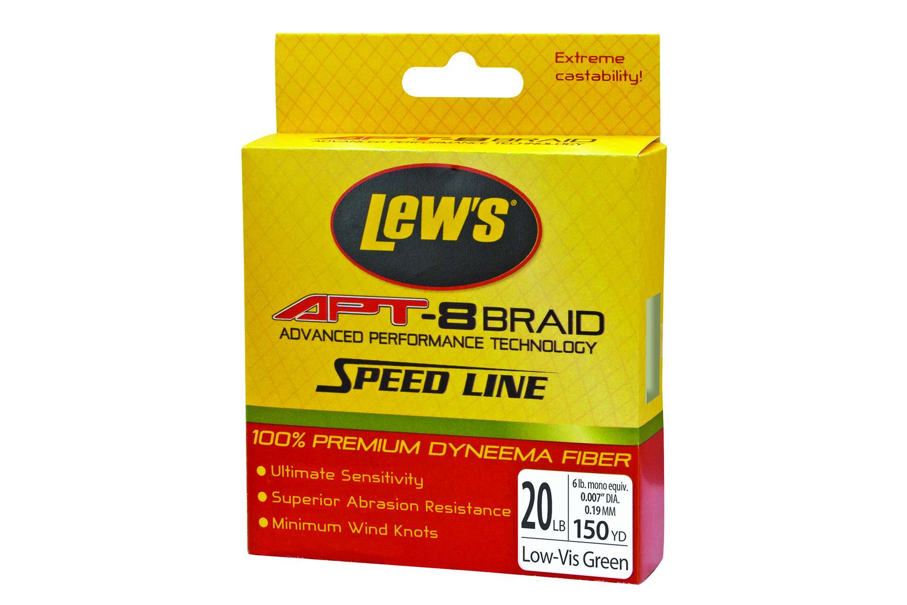 <b>Lew's</b><br>	APT 8-Braid Speed Line<br>				Lew's APT 8-Braid Speed Line is an eight-strand line braided from 100 percent Japanese Dyneema fibers. Lewâs braid also has an exceptional strength-to-diameter ratio. The Low-Vis Green resists fading to maintain color integrity. Standard filler spool is 150 yards. Lew's APT 8-Braid is available in 6, 10, 20, 30, 50 and 65 pound line sizes.