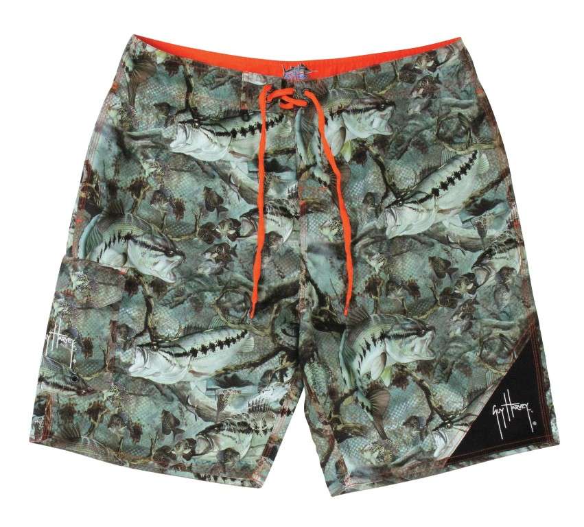 <b>Guy Harvey</b><br>	Strike Boardshorts<br>				The Guy Harvey Strike Boardshorts are made from quick-dry 100 percent poly microfiber with all-over CAMO sublimated graphic from Guy Harvey art. Shorts include a fishing-friendly Cordua lined plier/utility pocket and a cargo pocket with flap, quick-drain grommets and signature logo. Designed with Lycra fly and front draw cord closure.