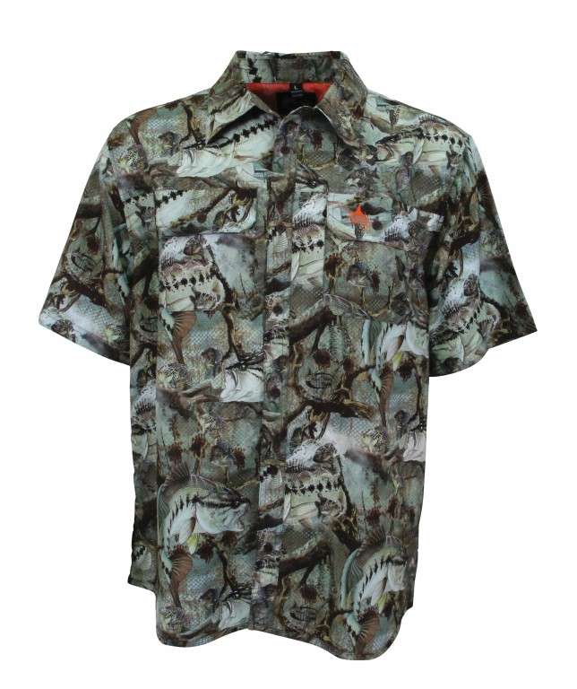 <b>Guy Harvey</b><br>	Strike Camo SS<br>				Made with 100 percent polyester, the Strike line of apparel blocks 96 percent of harmful UV rays. Quick dry keeps the wearer cool and dry, and all-over CAMO is sublimated prints from Guy Harvey art.