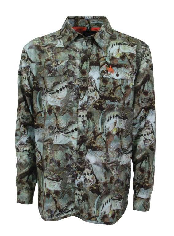 <b>Guy Harvey</b><br>	Strike Camo LS<br>				Made with 100 percent polyester, the Strike line of apparel blocks 96 percent of harmful UV rays. Quick dry keeps the wearer cool and dry, and all-over CAMO is sublimated prints from Guy Harvey art.