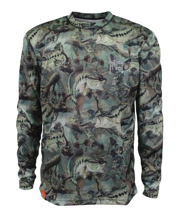 <b>Guy Harvey</b><br>	Strike LS Performance<br>				30-plus UPF sun protection blocks 96 percent of harmful UV rays, and the Strike Performance line is made with 100 percent polyester that is moisture wicking. The all-over CAMO is sublimated prints from Guy Harvey art, and a Guy Harvey signature logo is on the chest.