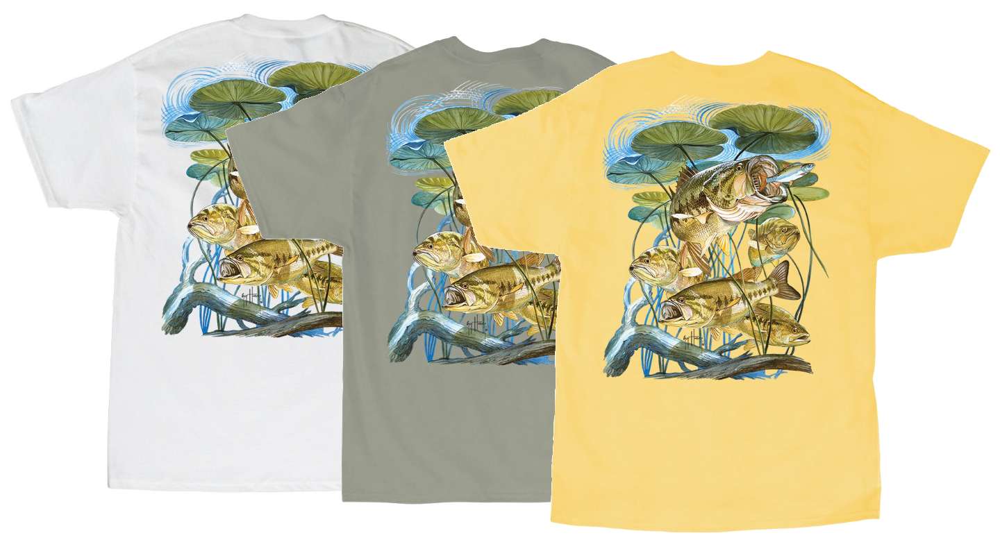 <b>Guy Harvey</b><br>	Largemouth Lillies T-Shirt<br>				Guy Harvey print on a pocketed t-shirt made with 100 percent cotton combed ringspun. The Hanes Beefy-T features a generous fit.