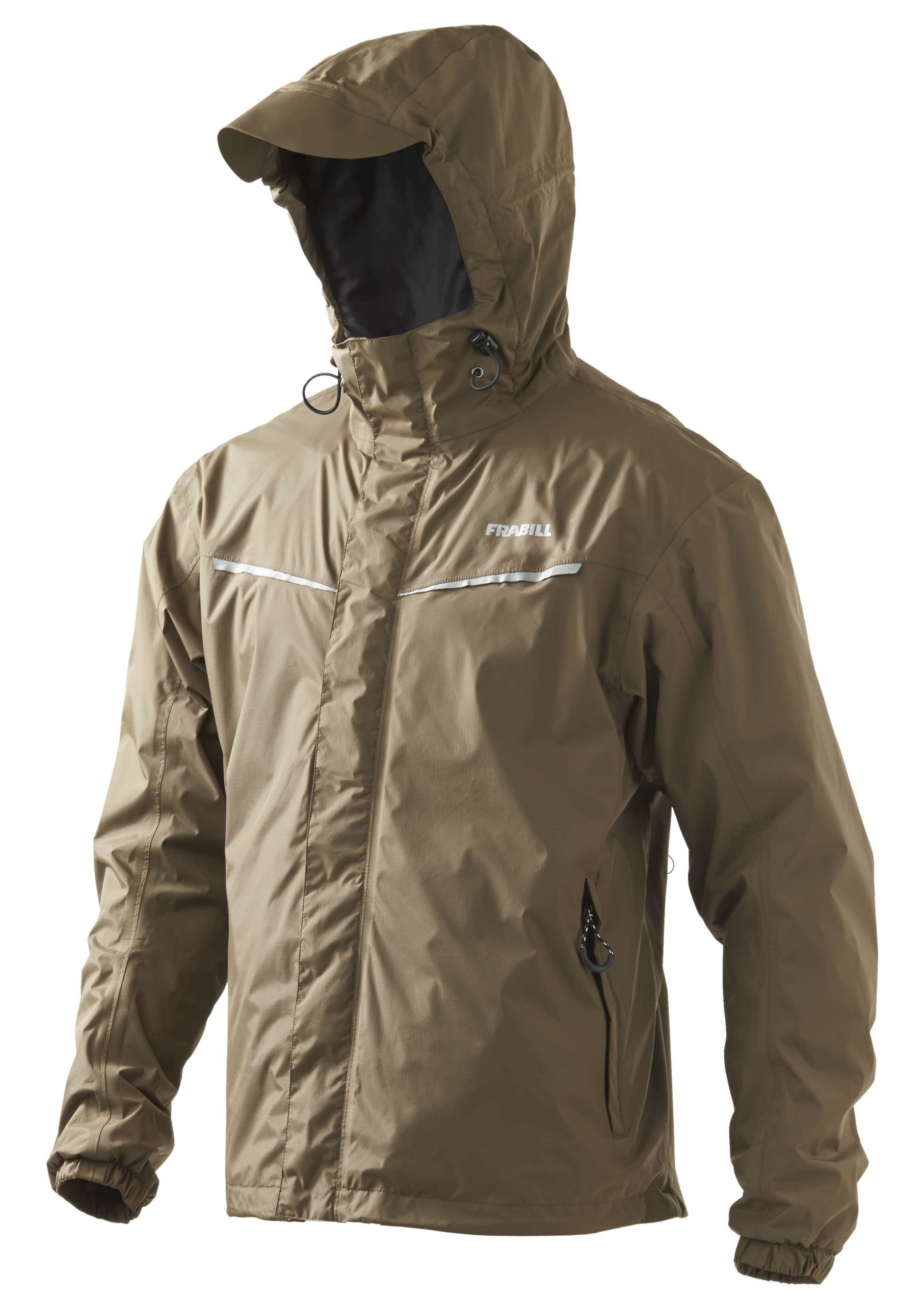 <b>Frabill</b><br>	Stow Series Jacket<br>				A two layer waterproof, windproof, breathable light weight rip-stop shell series of jackets that are 100 percent seam sealed. The two-way adjustable, waterproof hood has a reinforced brin/sun visor, and the large pockets have zipper closure and storm flaps. Packable in a stow pocket.