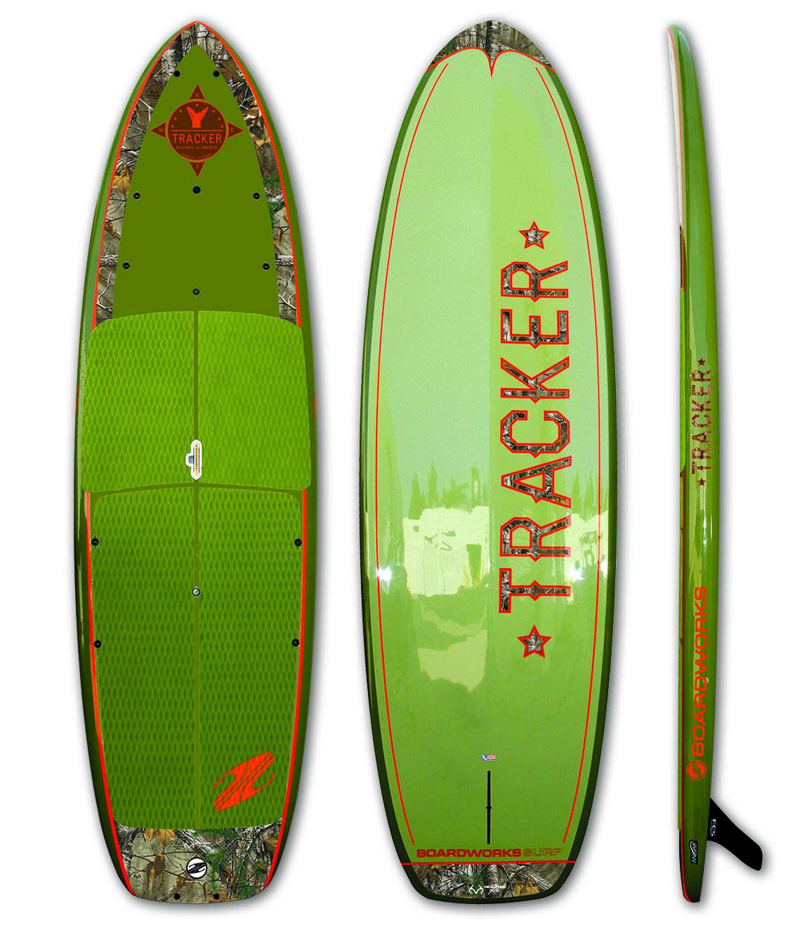 <b>Boardworks</b><br>	Tracker<br>	At 11 inches long x 35 inches wide, the new Boardworks Tracker is the perfect SUP fishing platform, plenty stable for paddlers of all sizes and abilities. It makes it easy to move around, cast off the deck and land fish. The Tracker features deep double concave running throughout the bottom for secondary stability, tracking and speed. The Tracker is built with Boardworks' new Innegra-Glass construction, making it ultra-durable. It comes with a handle for easy transport and multiple deck tie-down plugs for bringing extra gear or adding a variety of attachments.