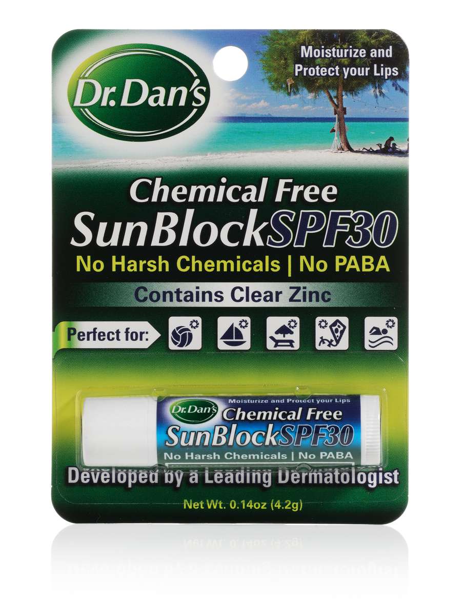 <b>Dr. Dan's</b><br>	Sun Block SPF30<br>	This chemical-free lip balm contains only two ingredients that act to block UV rays that can be harmful to your lips. Its rated as SPF 30.