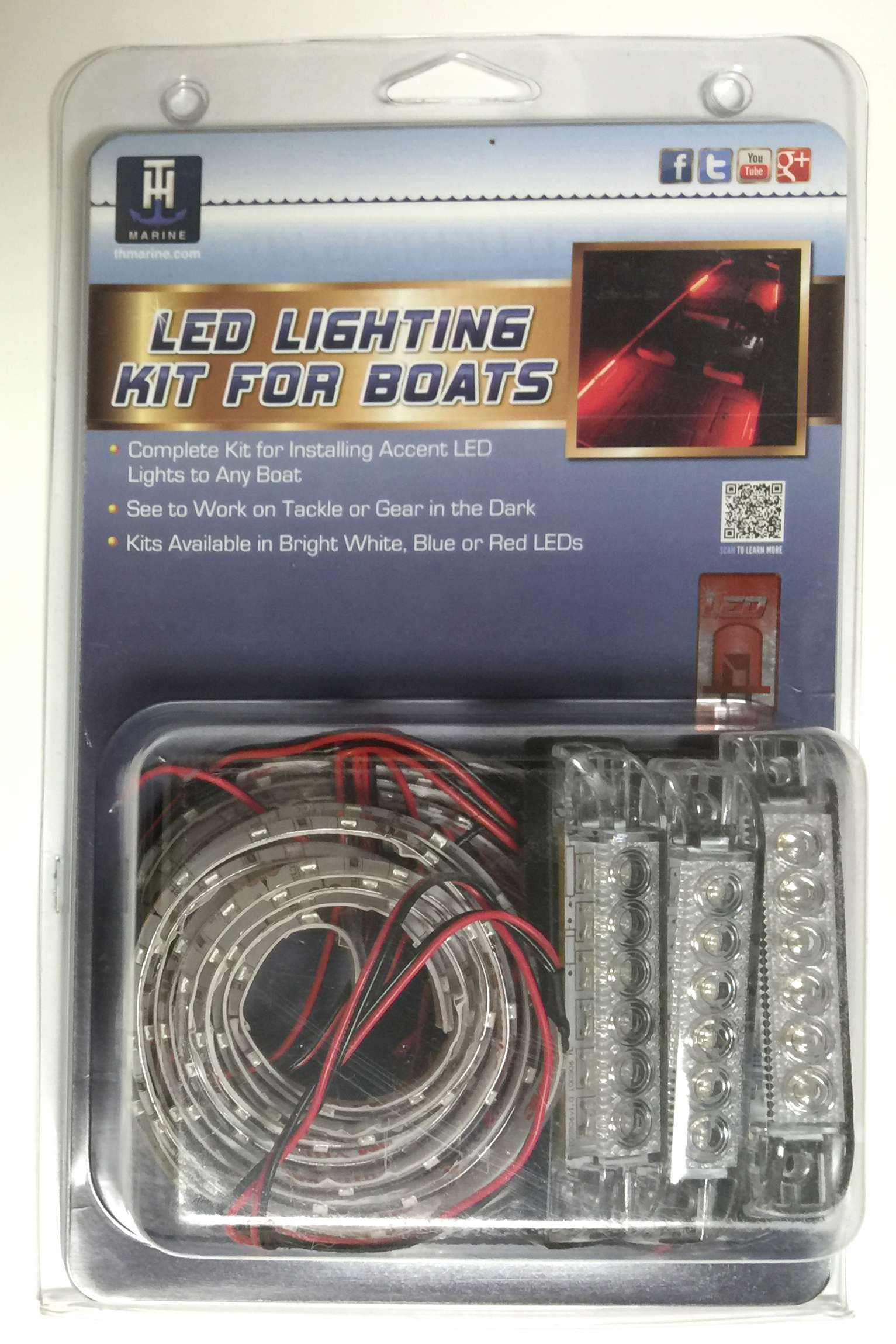 <b>TH-Marine</b><br>	LED Boat Lighting Kit<br>	Accent any boat with attractive LED light. This complete kit for installing accent LED lights is available in three colors: blue, white and red. Kit includes three 4-inch slim-line LED utility lights, four 12-inch flex strip LED lights and two 24-inch flex strip LED lights.