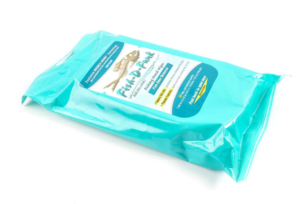 <b>Fish-D-Funk</b><BR>
Fishing Hand Wipes<BR>
Fish-D-Funk's exclusive Double Down technology to remove fish stink and replace it with a pleasant fragrance. Pre-saturated wipes remove unpleasant odors and leaves hands smelling fine.
